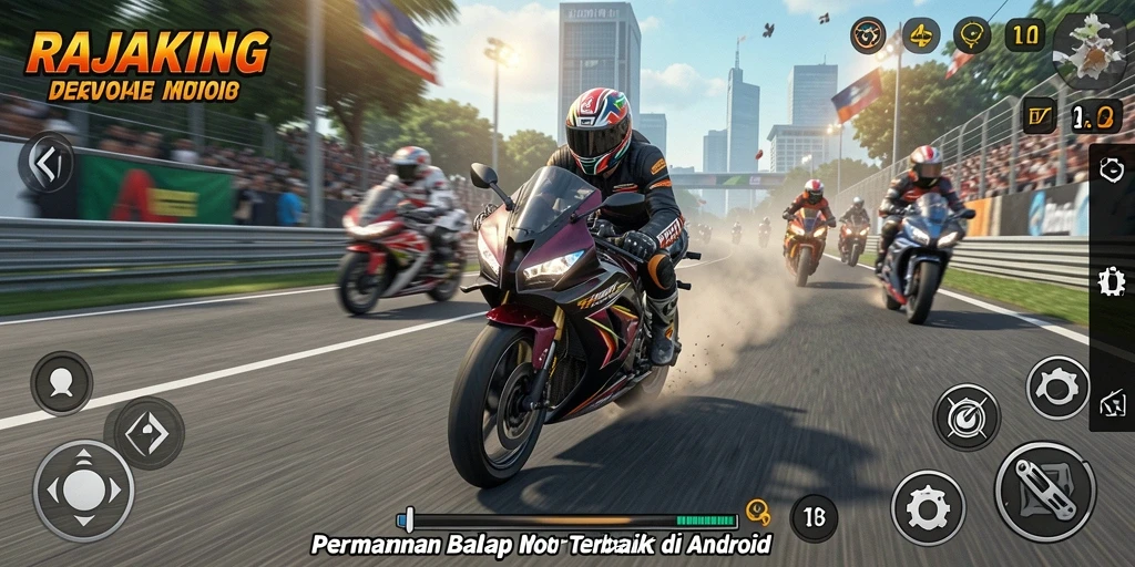 Screenshot gameplay seru dari RAJAKING dengan motor yang berkendara cepat.